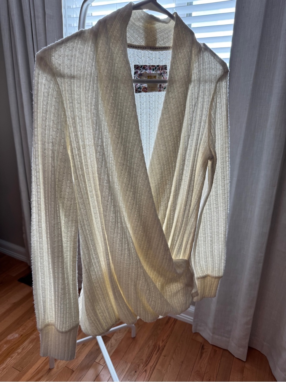 Anthropologie Cream Ribbed Shawl-Collar Wrap Cardigan